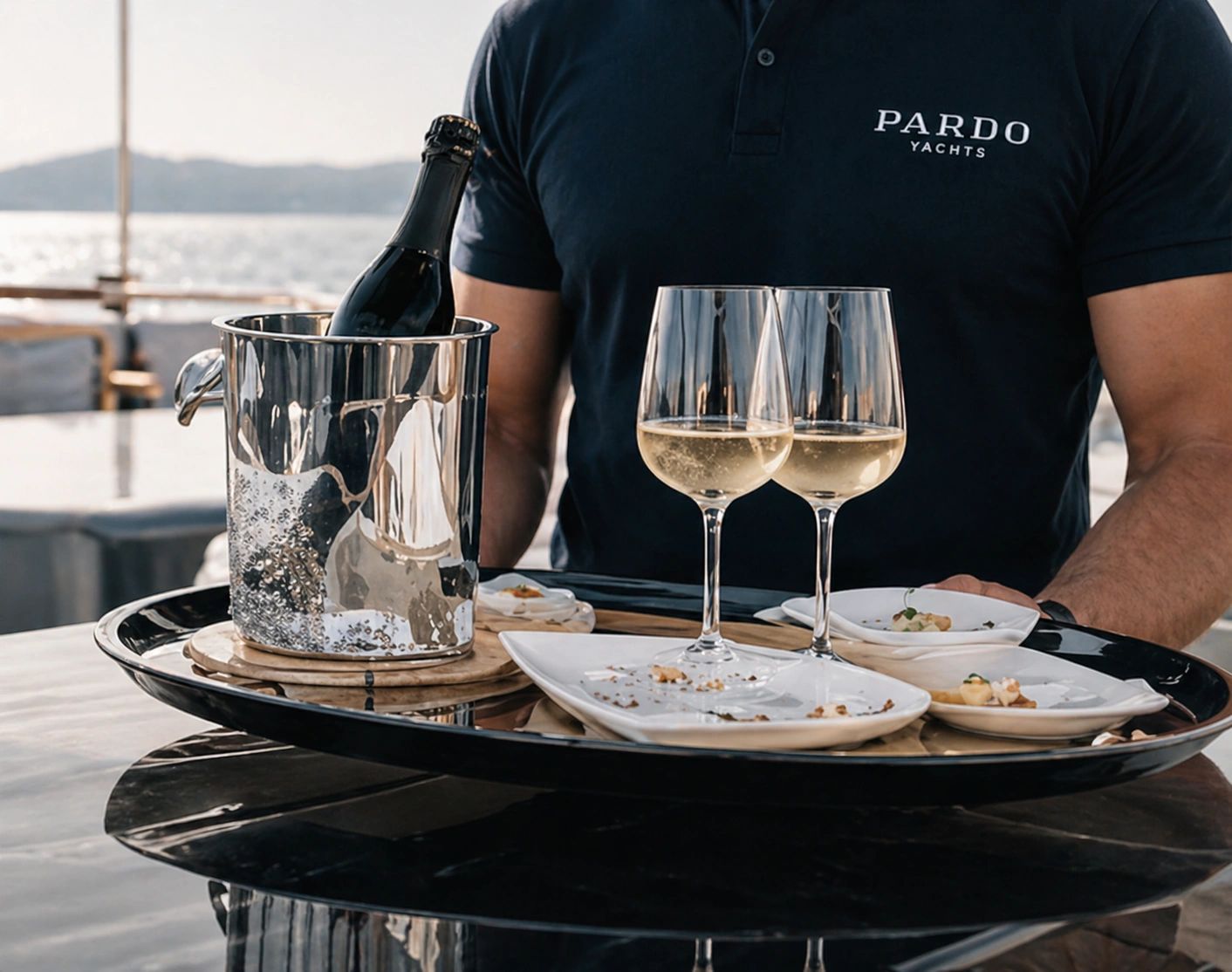 Service premium à bord d’un Pardo Yachts avec champagne et dégustation en mer