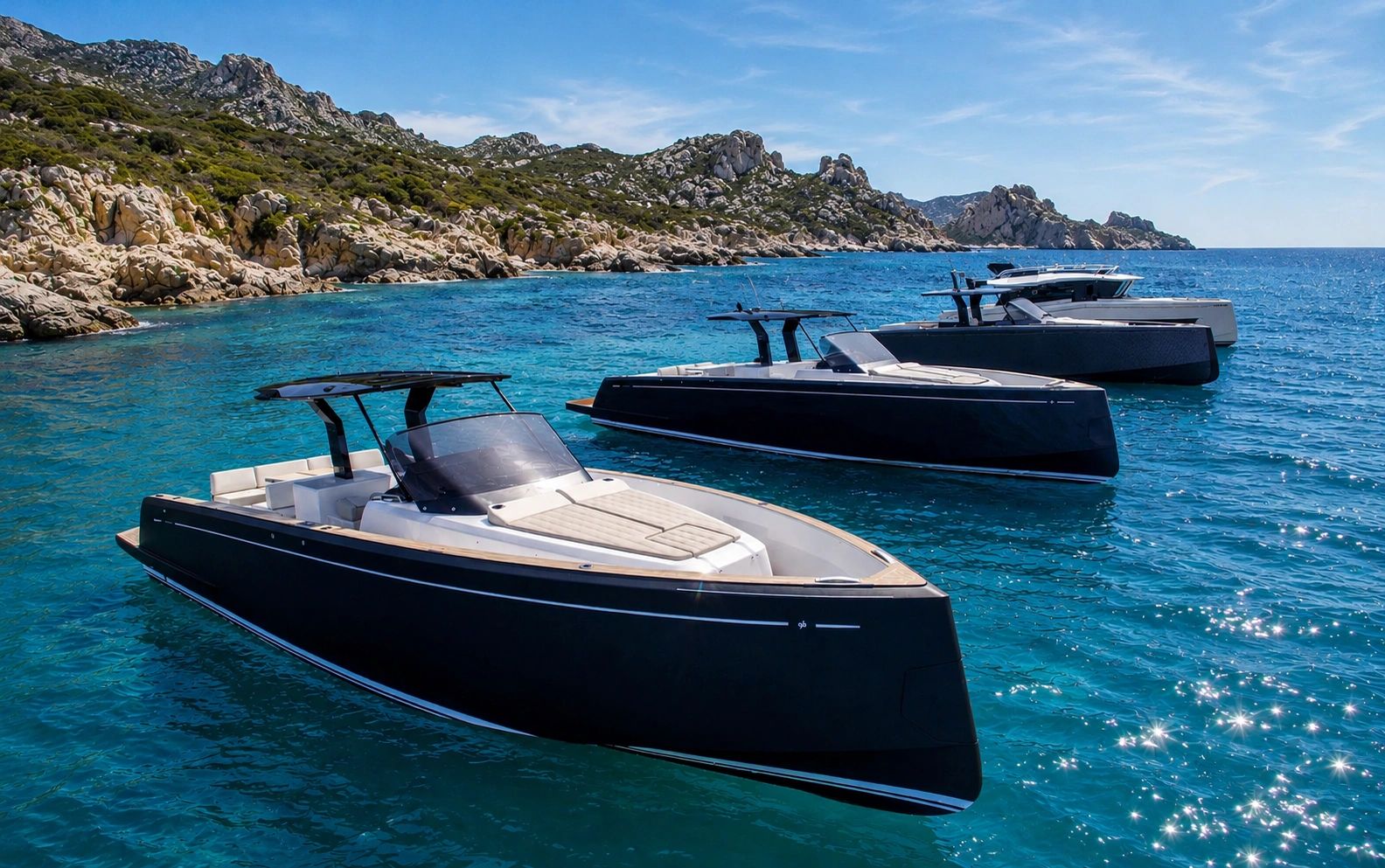 Flotte de Pardo Yachts au mouillage dans une crique sauvage en Corse