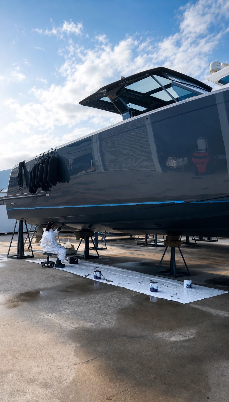 Technicienne Santarelli Marine appliquant un antifouling sur un Pardo Yachts en chantier naval