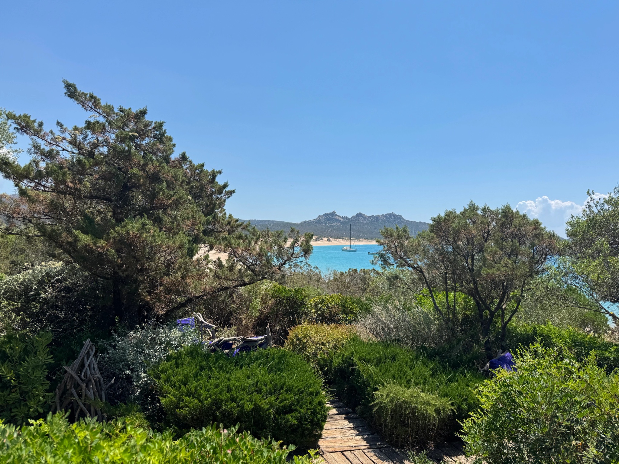View over Murtoli Bay in Southern Corsica, where Mediterranean turquoise waters meet the island's unspoiled maquis landscape.